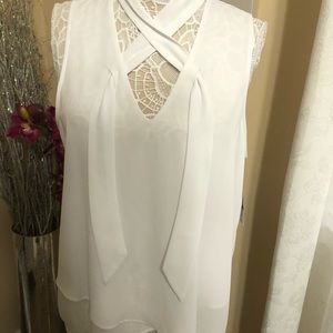 KAREN KANE Womens off white Sleeveless Tie Neck Top/ high low top, SizeXL.